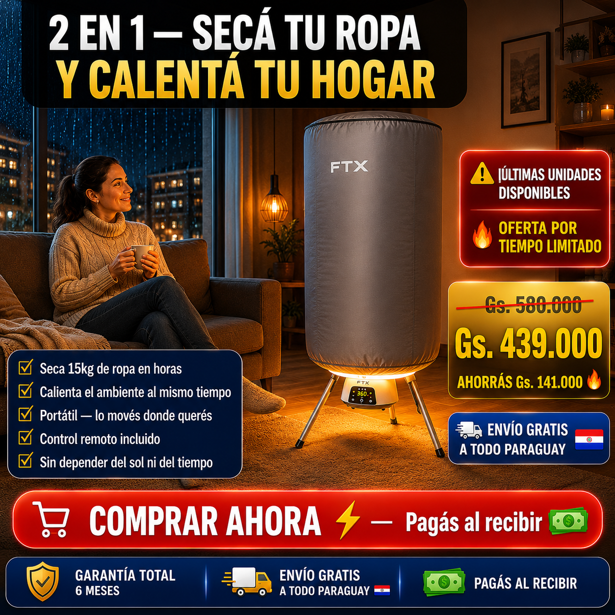 Secarropas Portátil FTX 2 en 1 — Secá tu Ropa y Calentá tu Hogar
