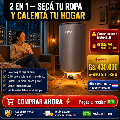 Secarropas Portátil FTX 2 en 1 — Secá tu Ropa y Calentá tu Hogar